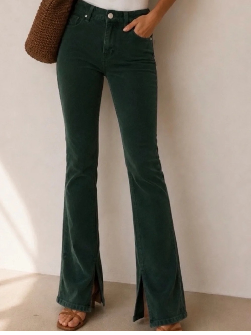 Frame Le Mini Boot Corduroy Bootcut Pants Forest Green Pine Split Hem
